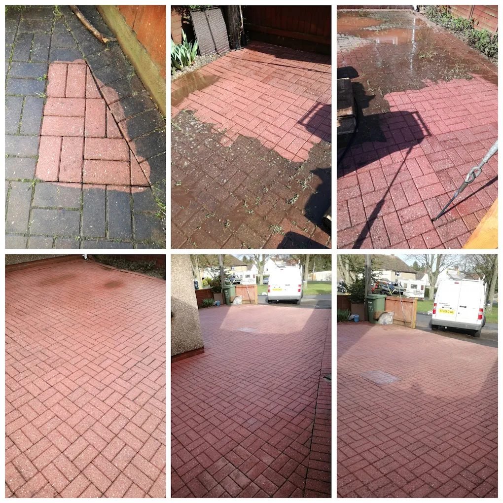 Red block paved driveway before and after pressure washing, shown from several angles