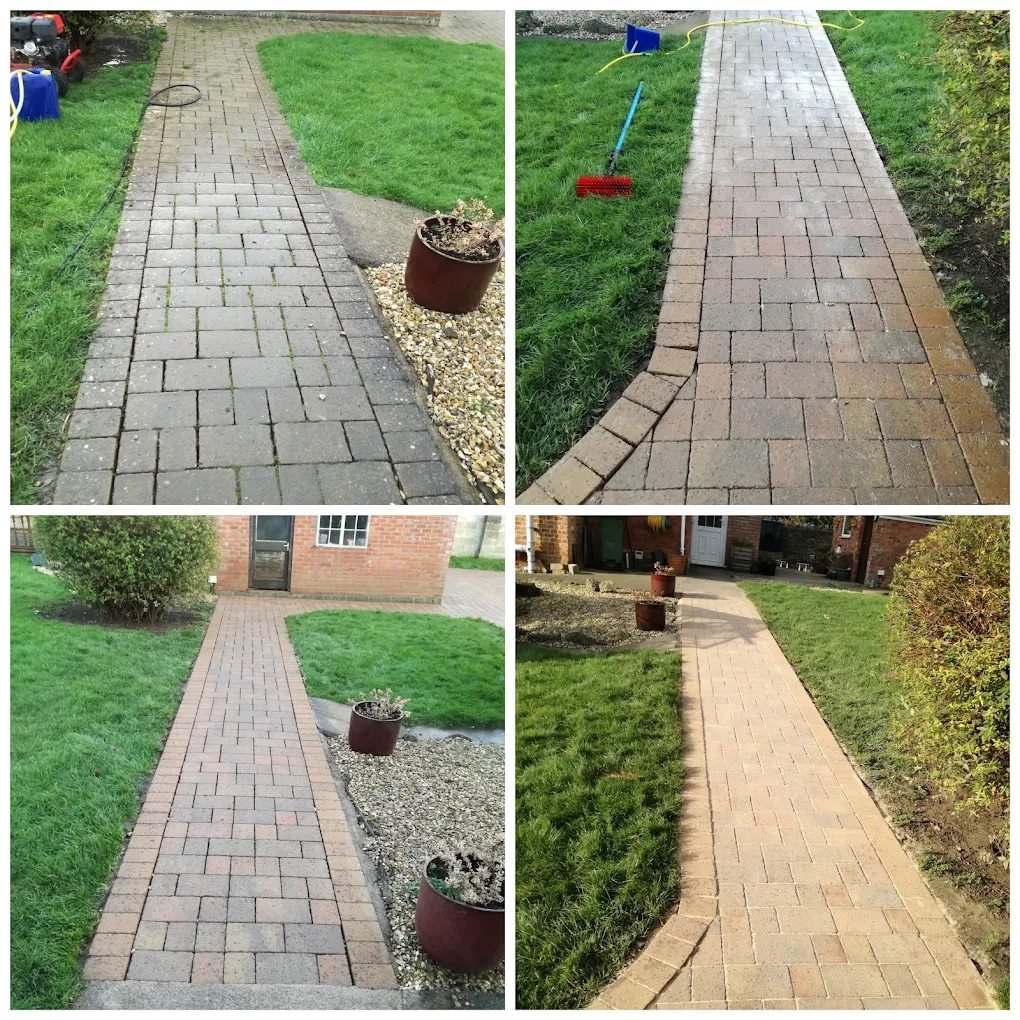 Block paved garden path before and after cleaning and re-sanding