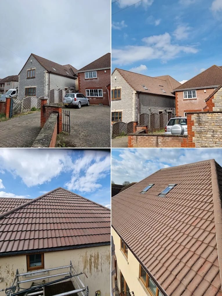 Detached house roof before and after professional cleaning, with close-ups of the cleaned tiles
