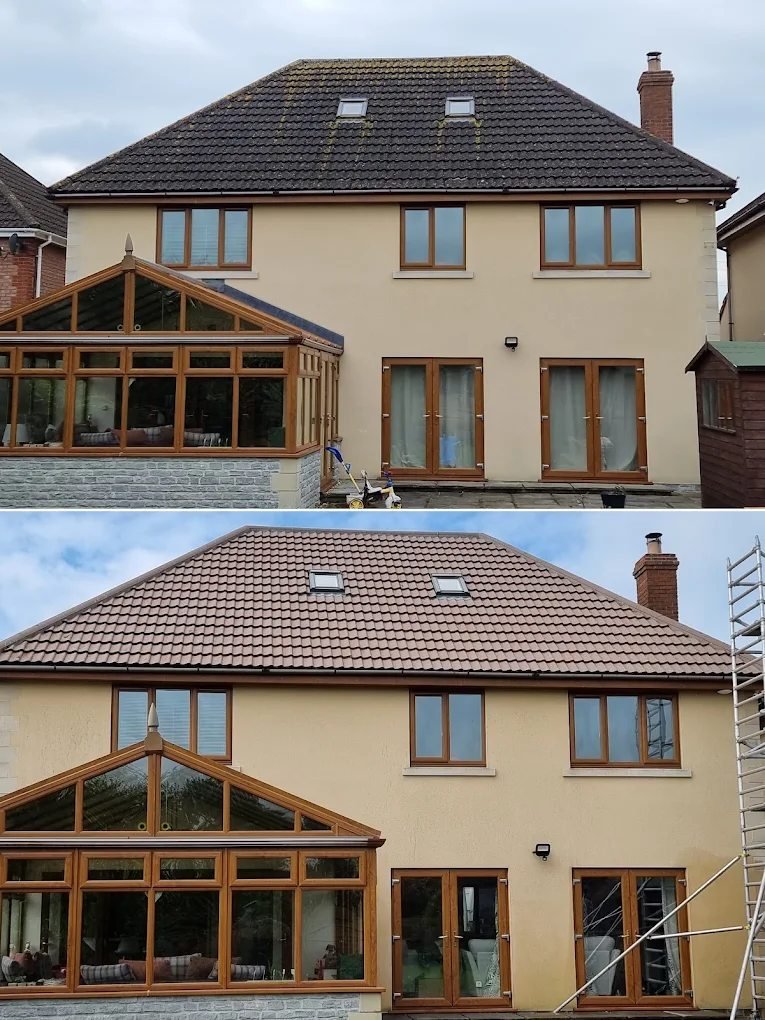Large rendered house roof before and after moss removal and cleaning